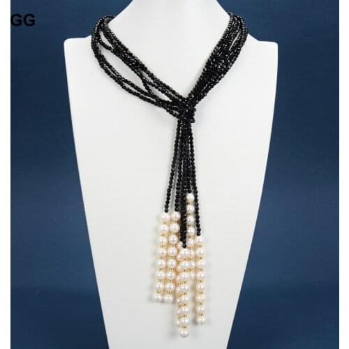 GuaiGuai Jewelry 3 Strands 4mm Natural Faceted Black Onyx White Pearl Lariat Long Sweater Chain Necklace Bracelet Earrings Sets