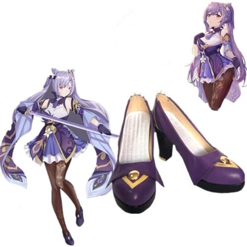 Zapatos de Cosplay de Game Genshin Impact Keqing para mujer, zapatos de tacón alto de color morado para Halloween