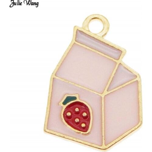 Julie Wang 5pcs 10pcs Alloy Enamel Pink Strawberry Milk Carton Charms For Women Bracelet Earrings Pendant DIY Accessory 19*13mm