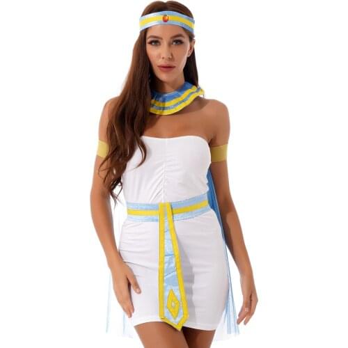 Women Halloween Carnival Role Play Outfit Stage Performance Costume Strapless Ruched Dress With Shawl Headwear Neckwear Belt
