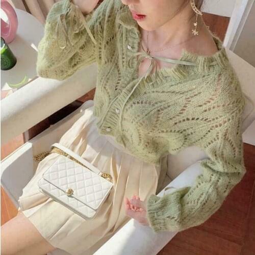 Womens Girls SS Fashion Lolita Mohair Mesh Ribbon Bow Tie Sweater Cardigan 5950