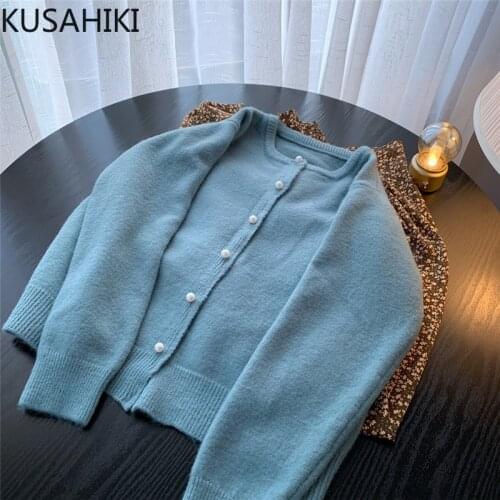KUSAHIKI 2021 Autumn Winter Women Cardigan Sweater Korean Solid Sweet Knitted Coat Causal Long Sleeve O-neck Knitwear 6Z846