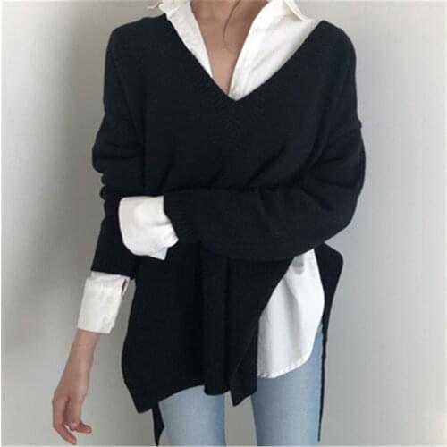 2020 Korean Elegant V-neck Pullovers Irregular Drawstring Slim Waist Knit Femme Sweater New Solid Color Both Sides Coat Women