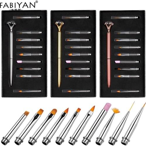 10pc Nail Art Pen Brush Replace Head Metal Diamond Cuticle Remover Crystal Flat Line Flower Drawing Painting Design Manicure Set