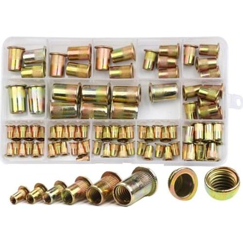 93Pcs/Box M3 M4 M5 M6 M8 M10 Rivet Nuts Zinc Plated Insert Nut Flat Head Rivet Nut Threaded Insert Nut Assortment Kit