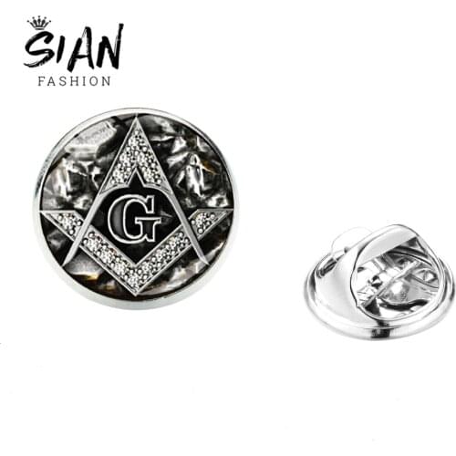 SIAN Masonic Freemason Stainless Steel Brooch Classic Freemasonry Square and Compass Sign Glass Suit Lapel Pins Gentleman Badge