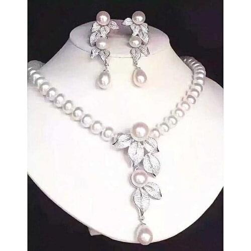 Free shipping Jewelry 8-9mm natural sea white pearl leaf flowers necklace earring micro inlay zircon crystal