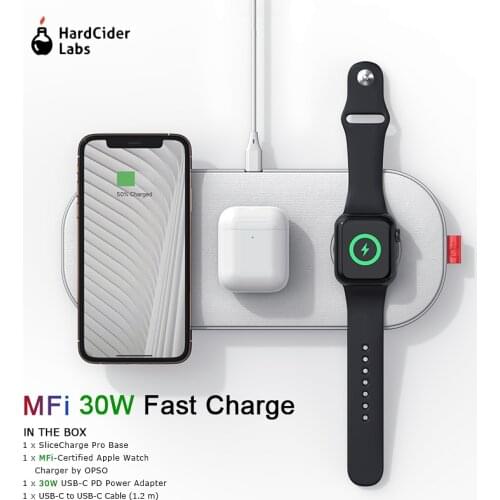 MFi Wireless Charger 30W Fast Charging 3 in 1 Pad for iPhone 11 Pro Apple Watch 5 4 3 2 Airpods Hard Cider Labs SliceCharge Pro