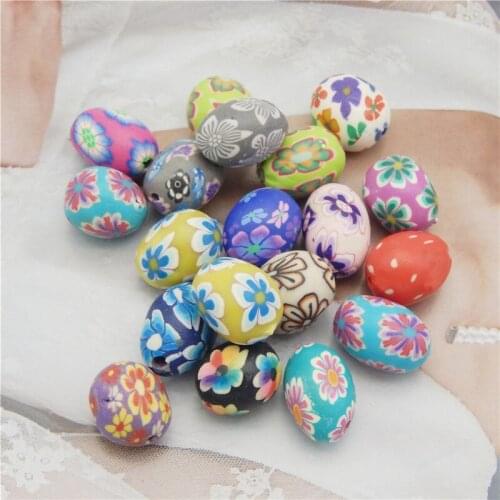 Julie Wang 10PCS Oval Beads Polymer Clay Flower Pattern Spacer Beads Random Color Necklace Bracelet Jewelry Making Accessory