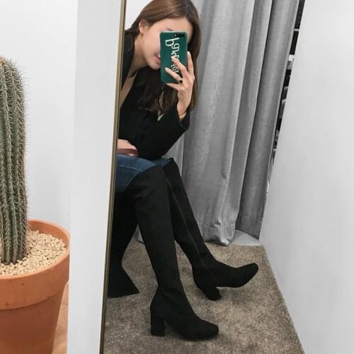 Black Gray Brown 2020 Autumn and Winter Square Head Thick Heel Over The Knee Boots 4CM/6CM Autumn/winter High Heel Size 33-42