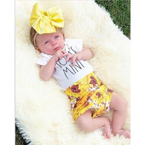 Infant Short Sleeve Romper + Shorts + Bow Headband, Sunflower Print Elastic Waist Summer Clothing
