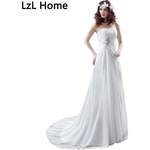LZL Home Chiffon Strapless Wedding Dress Sleeveless Floor Long A Line Beaded Wedding Dress Court Train Custom