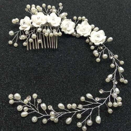 Fashion Women Bridal Flower Hair Comb Diamante Crystal Fake Pearl Wedding Clip Headband Prom