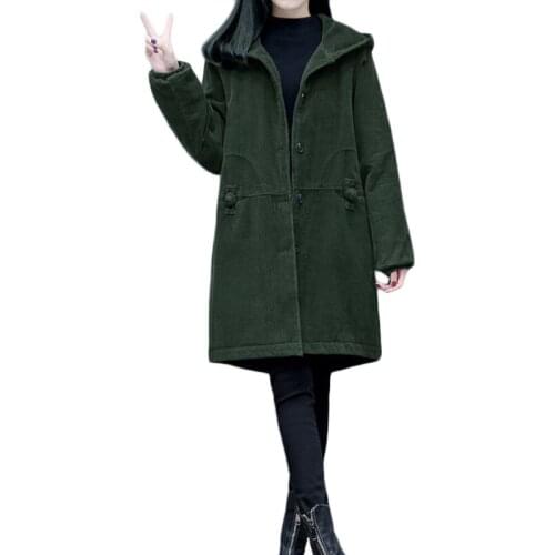 New Winter Retro Corduroy Cotton Coat Long Loose Hooded Warm Cotton Coats Womens Parka Overcoats Plus size Casual Abrigo Mujer