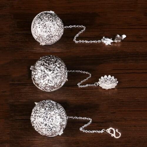 New 999 Sterling Silver Ball Tea Dip Net Filter Brewing Tea Bag Kung Fu Tea Artifact Portable With Hook Rope Bubble Tea Gifts