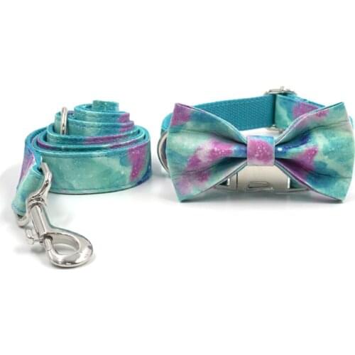 Bow Dog Collar for Small Dogs Custom Engraving Pet Collar Durable Galaxy Print Adjustable Collar and Leash Set for Dogs Cats