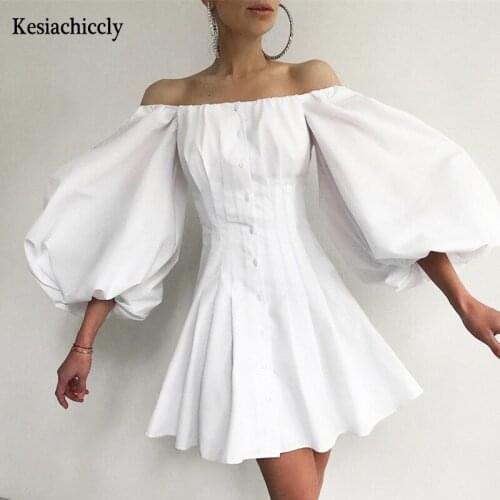 Kesiachiccly Sexy cotton women summer dress Elegant buttons puff sleeve female solid sundress Office work ladies mini dresses