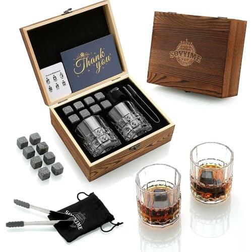 Whisky Stones Glasses Gift Set,Velvet Bag for Drinking Scottish Whiskey or Gin, Wooden Box Present for Christmas/Birthday