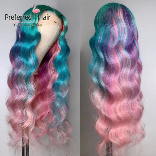 Preferred Pink Blue Ombre Human Hair Wig Pre Plucked 13x4 Lace Front Wig Brazilian Remy Transparent Lace Wigs for Women