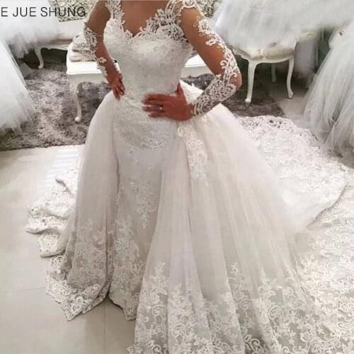 E JUE SHUNG Lace Appliques Detachable Train Luxury Wedding Dresses Long Sleeves Backless Bridal Gowns vestido de noiva