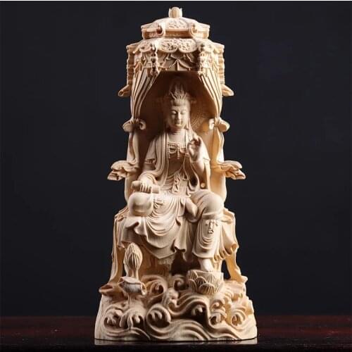 18cm Guanyin Sculpture Wood Buddha Statue Feng Shui Guan Yin Worship Healthy Lucky Home Decor