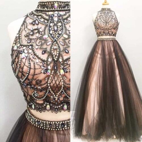 SuperKimJo Vestidos De Graduacion Largos 2020 Crystals Two Pieces Prom Dresses High Neck Beaded Black Elegant Prom Gown