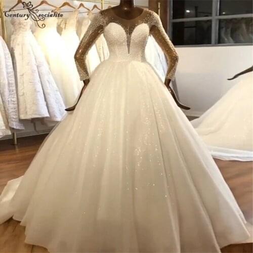 Luxury Princes Wedding Dresses for Women Bride 2021 Pearls Long Sleeve Ball Gown Bridal Gowns Marriage Dress Robe De Mariee