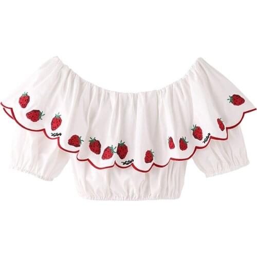 VSUE Women White Strawberry Embroidery Slash Neck Shirt Sweet Strapless Short Sleeve Ruffle Blouse B0847