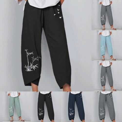 Women Vintage Harem Pants Butterfly Print Elastic Waist Plus Size Loose Trousers Cotton Linen Wide Leg Pant Loose Summer Pants