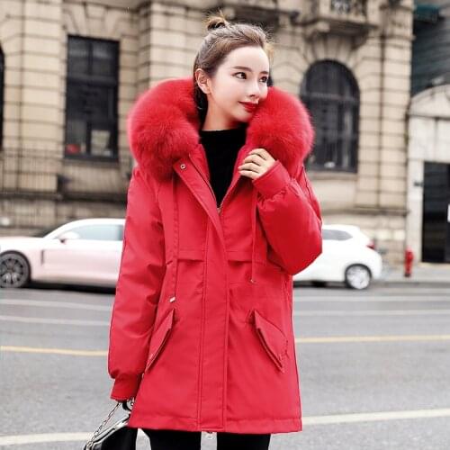 Plus Size Womans Winter Hooded Jacket Female Solid Fur Collar Casual Coat Thick Warm Wool Liner Ladies Long Parkas with Pockets