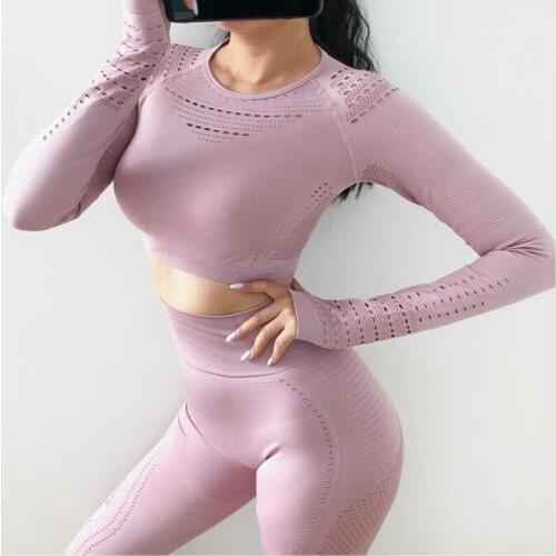 Women Seamless Yoga Sets High Waist Gym Mesh Leggings Shirts Suit Long Sleeve Fitness Workout Sports Running Thin Yoga Sets