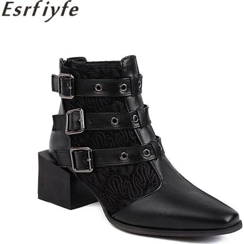 ESRFIYFE 2021 New Fashion Autumn Winter Ankle Boots Square Toe Thick Heels Shoes Woman Black Buckle Party Shoes Large Size 34-48