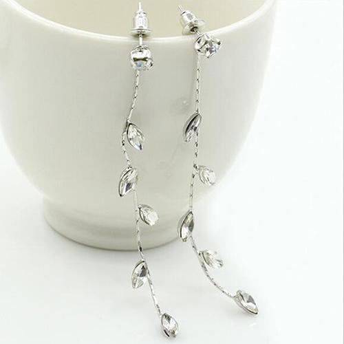 Womens Fashion Elegant Rhinestone Leaves Branch Willow Twig Linear Long Earrings Stylish sweet gift for girlfriend