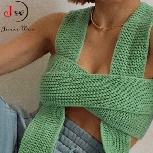 Women Fashion Knitted Crop Tops Sweater Vest Streetwear Sexy Sleeveless Solid Chic Bandage Top Pullovers