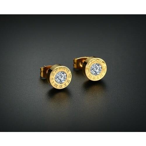 Vnox Elegant Roman Numerals Earrings for Women Gold and Rose Gold Tone Stainless Steel CZ Stone Stud Earrings Bijoux