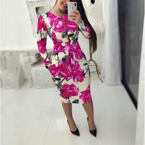 Spring Fashion Printing Sexy Party Club Women Bodycon Dress Large Size Long Sleeve Zipper Lady Office Business Dress Female 2021
