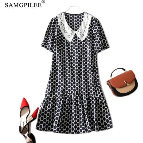 European Summer Dress Women 2021 New Fashion Peter Pan Collar Hook Flower Polka Dot Hem Pinched Pleated Loose Woman Dresses 4XL