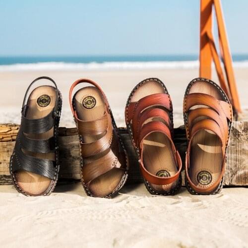 2021 New Summer PU Leather Mens Beach Sandals Outdoor Beach Slippers for Men Male Sport Sneakers Walking Swimming Shoes Non-slip