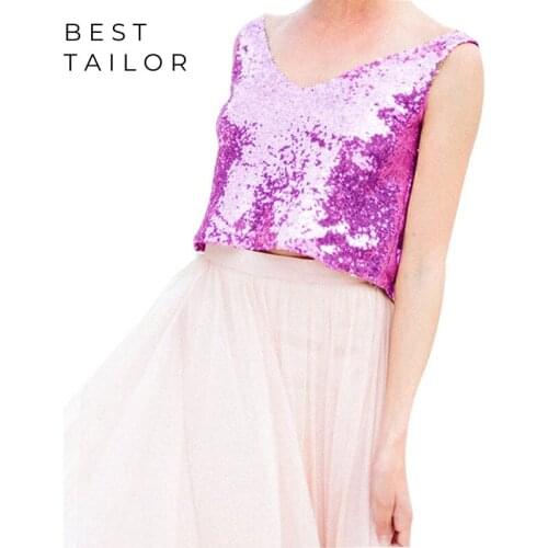 2021 Bridesmaid Dresses Two Pieces Formal Weeding Party Gowns Sequin Top and Tulle Skirt Set Dance Women Maid of Honor Customize