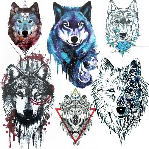 Watercolor Spray Wolf Fake Temporary Tatoos For Men Women Lion Henna Tattoo Geometric Realistic Coyote Body Art Arm Tatoo Flower