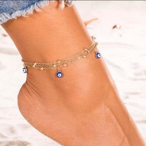 Bohemian Multi Layered Beads Ankle Bracelet for Women Leg Chain Blue Evil Eye Pendant Anklet Summer Beach Barefoot Jewelry
