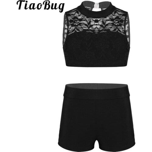 TiaoBug Kids Teens Sleeveless Floral Lace Crop Top with Shorts Dance Wear Girls Ballet Sports Gymnastics Shorts Tops Dancing Set