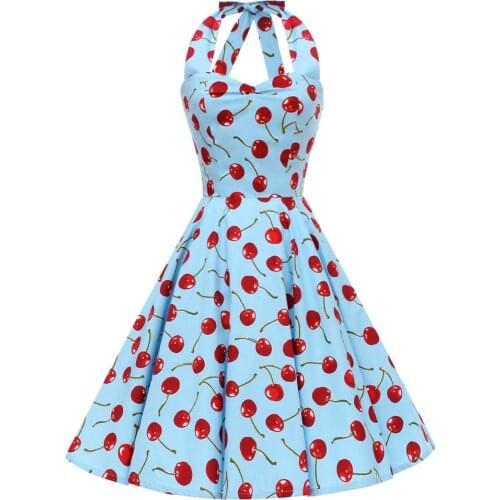 Elegant Cherry Dress Halter Sexy Summer Women Blue Cherry Print Large Swing Retro Party Vintage Dresses VD0748