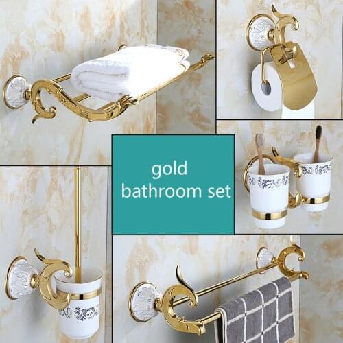 European Style Golden Phoenix Carved Bathroom Pendant Toilet Brush Holder Bath Towel Rack Towel Ring Soap Dish Combination Set