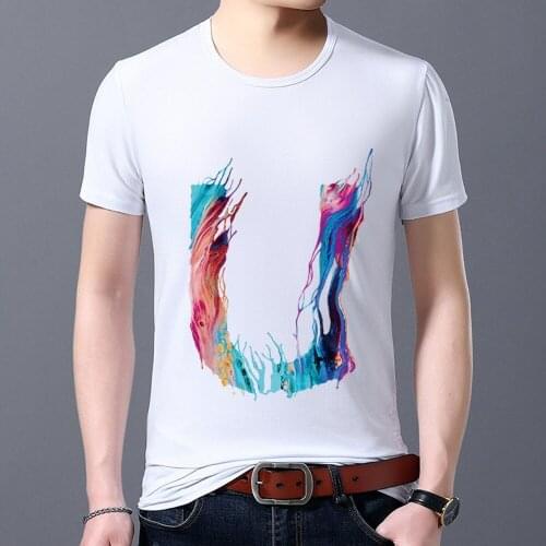 Fashion Slim T-shirt Street Mens Casual English Paint 26 English U Letter Paint Series Printed Round Neck Commuter S-5XL Top