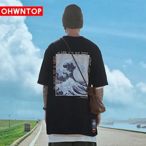 OHWNTOP T-Shirts Streetwear Hip Hop Men Japanese Ukiyoe Kanagawa Surfing Print Short Sleeve Tees Harajuku Cotton Casual Tops