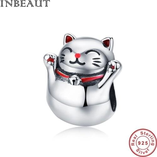 INBEAUT 100% 925 Sterling Silver Naughty Chinese Lucky Money Cat Beads fit Brand Bracelet Animal Beads for Jewelry Making