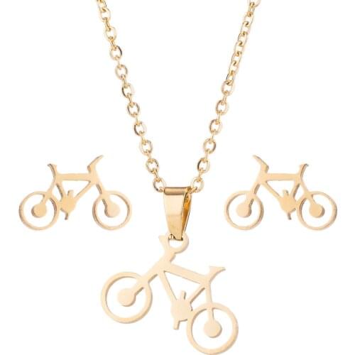 AsJerlya Jewelry Set Woman Stainless Steel Bicycle Pendant Necklace Earring Brincos Gold Color Collars Choker Accessories Party