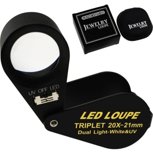 20x Loupe 21mm Optical Glass Magnifier 6 LED Light & UV Light Black Frame Achromatic Triplet Lens Jeweler Mechanics Photographer