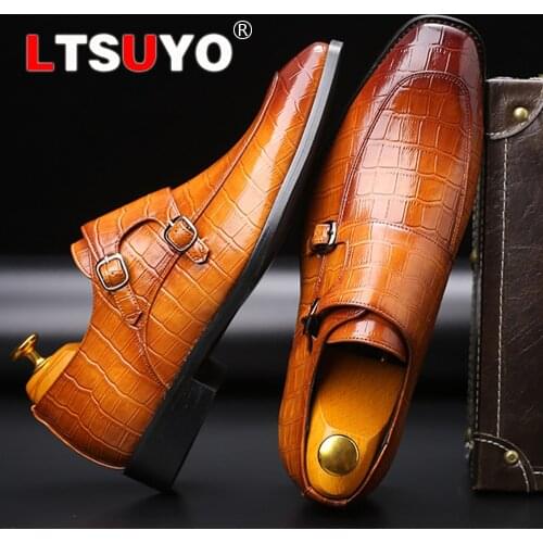 Mens leather crocodile pattern business casual shoes, fashionable big double buckle mens shoes, high-end classic formal shoes